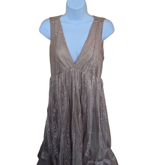 Boho Lace Ruffle Dress Beige Sheer V-Neck Sleeveless coquette elegant whimsical - Picture 4 of 7